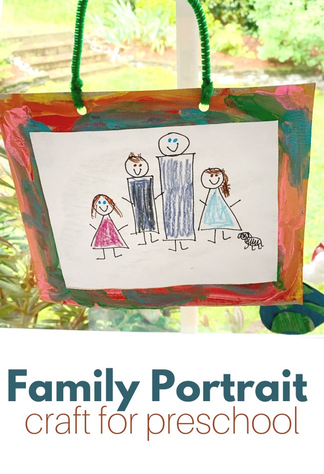 a family portrait is hanging on a window sill with the words family portrait craft for preschool