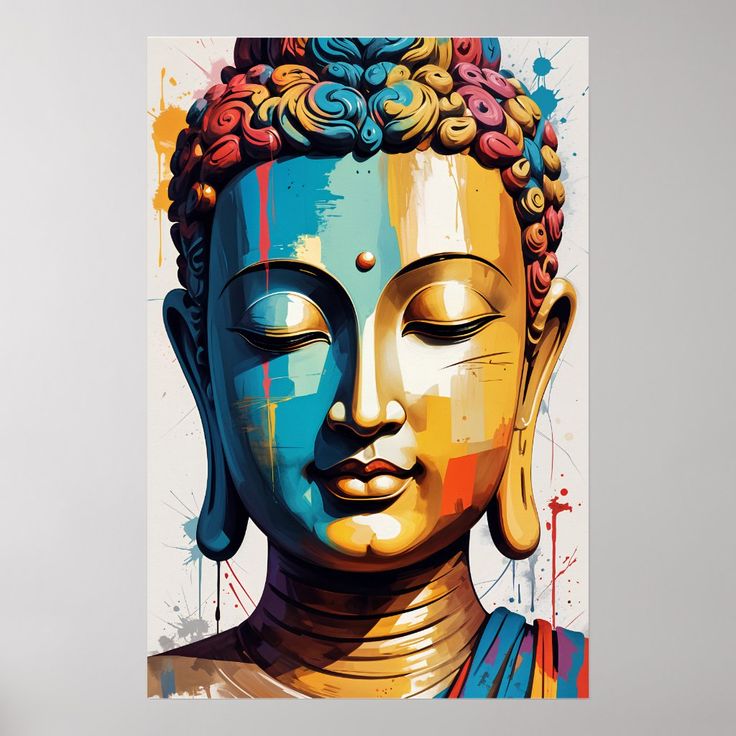 a painting of a buddha statue with colorful paint splatters on it's face