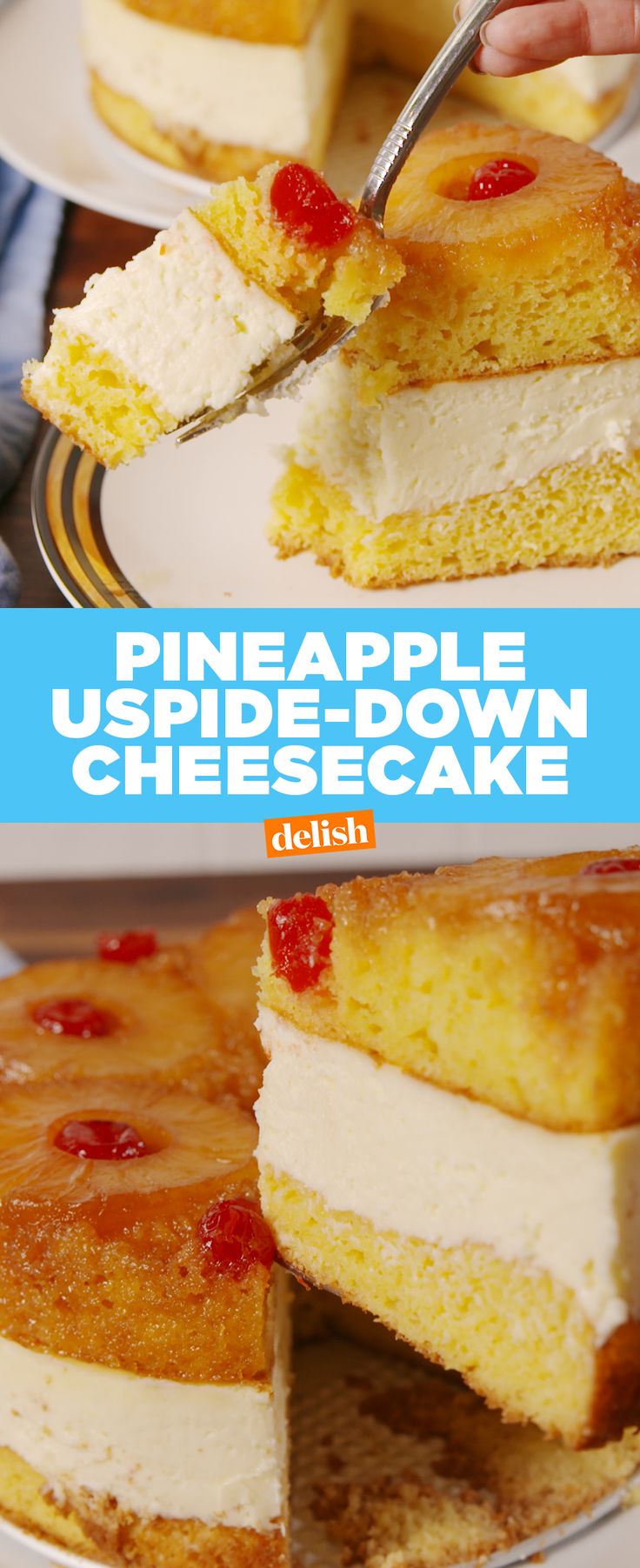 two pictures of pineapple upside down cheesecake on plates with one slice cut out