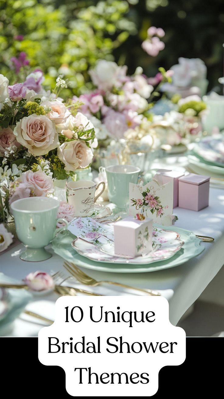 A table set for an elegant garden-themed bridal shower with floral decorations, pastel-colored tableware, and personalized party favors. Bridal Shower Shabby Chic, Bridal Shower Lunch Decor, Simple Classy Bridal Shower Ideas, Bridal Shower Vintage Theme, Low Budget Bridal Shower Ideas, Let Love Grow Bridal Shower Theme Decor, Bridal Shower Themes November, Garden Themed Bridal Shower Ideas Decor, Personal Bridal Shower Ideas