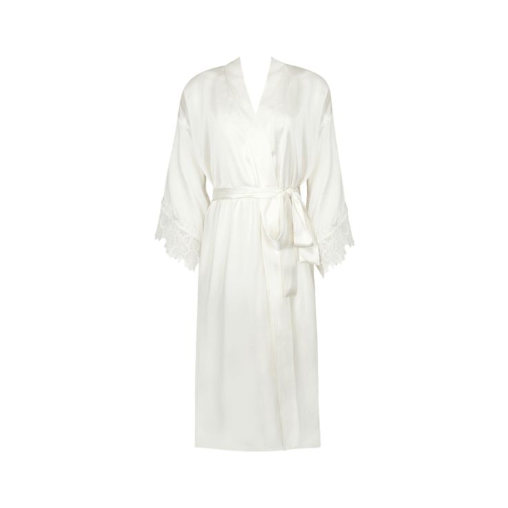 Lise Charmel "Princesse Iris" kimono-inspired robe in silk satin with floral guipure lace trim Surplice neckline; wrap front Drop shoulders 3/4 sleeves Waist self-tie Hem falls around the knee A-line silhouette Silk/polyester Made in Bulgaria Elegant Silk Robe For Spring, Elegant Robe For Wedding Night In Spring, Formal Satin Robe For Spring, Elegant Satin Robe For Spring, Elegant Lace Trim Robe For Spring, Elegant Long Sleeve Kimono For Daywear, Spring Wedding Satin Kimono, Elegant Kimono With Lace Trim For Spring, Elegant White Spring Kimono