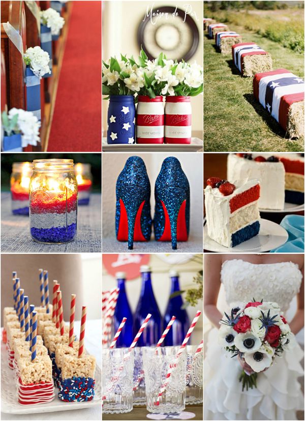 red, white and blue wedding decorations are featured in this photo collage with candles