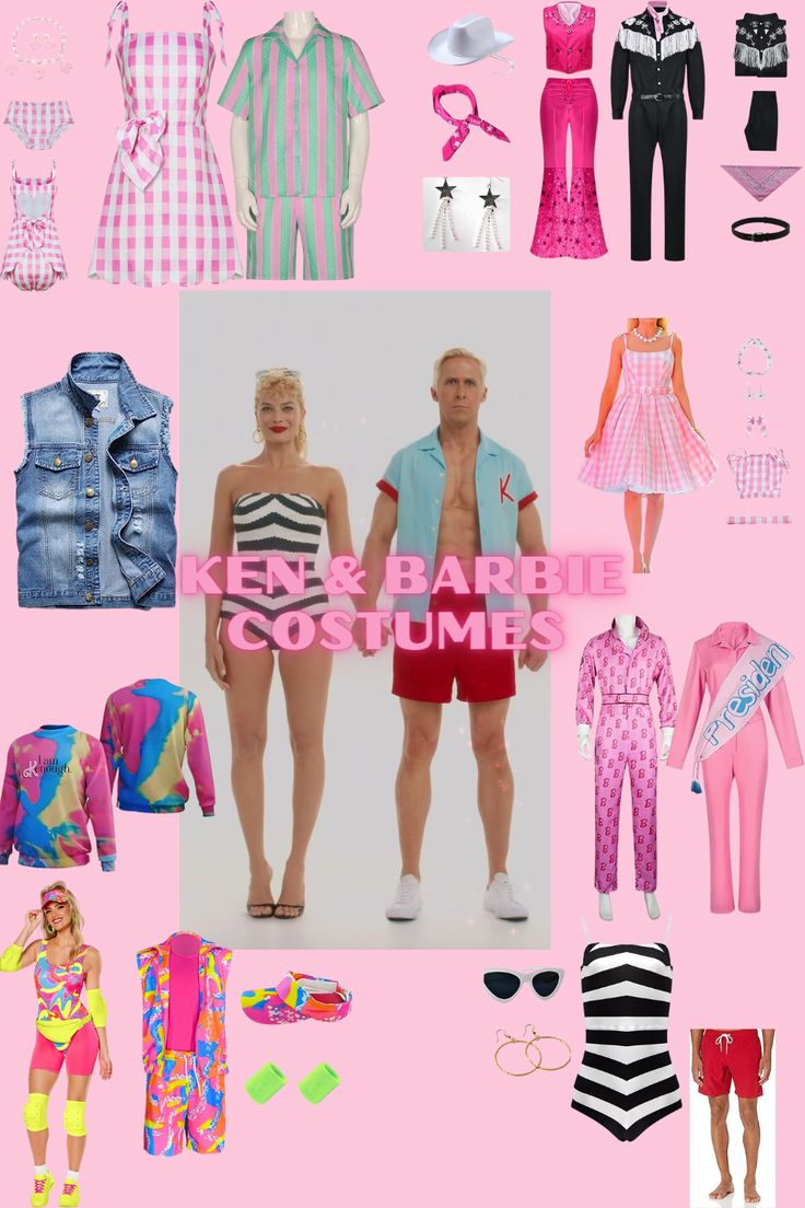 Barbie and Ken Costumes. Halloween Costumes for adults. Barbie And Ken Outfits Movie, Barbie And Ken Dress Up, Ken Barbie Outfit Ideas For Men, Ken Themed Outfits, Barbie And Ken Spirit Day, Barbie Themed Outfits For Men, Diy Barbie And Ken Costume, Barbie Vs Oppenheimer Spirit Day, Halloween Costumes Barbie And Ken