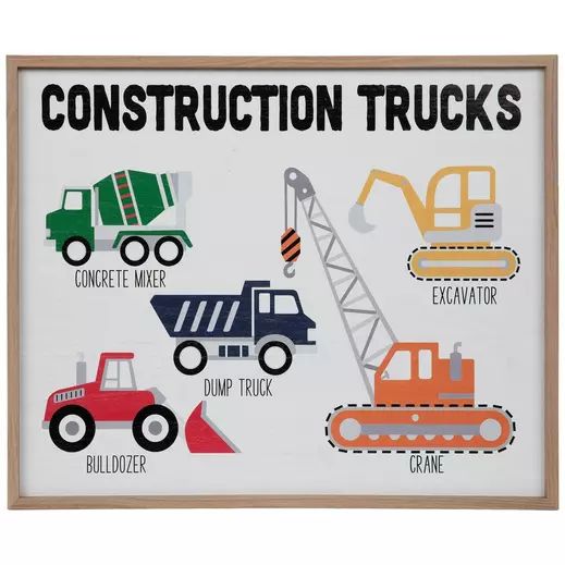 construction trucks are depicted in this wooden frame