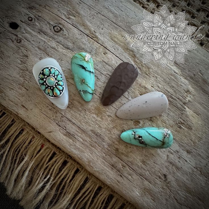 Hand painted turquoise stone nails with a western silversmith concho feature, distressed leather & sandstone nails. * Almondetto & Short Square shape shown.  Each set is unique, no two sets are identical. Your new salon quality nail enhancements made by a professional nail artist, come with 10 custom nails with protective packaging, detailed instructions for application & removal. One application kit included per order, not per set. Kit includes: A cuticle pusher, wood file, buffer, alcohol wipe Turquoise Stone Nails, Stone Nails, Cowboy Nails, Nail Enhancements, Western Nails, Custom Nails, Western Turquoise, Turquoise Nails, Wood File