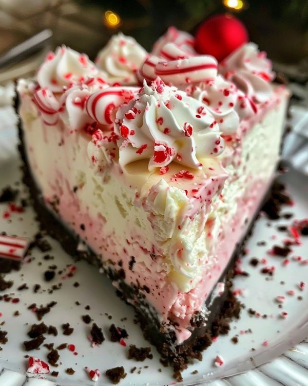 a slice of peppermint ice cream pie on a plate with candy canes