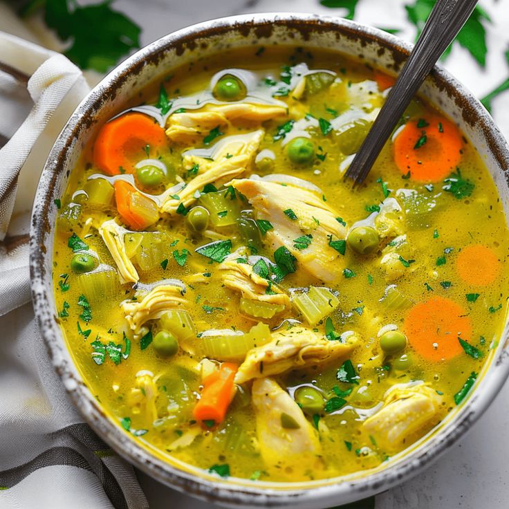 a bowl of chicken and vegetable soup on a white cloth with a spoon in it