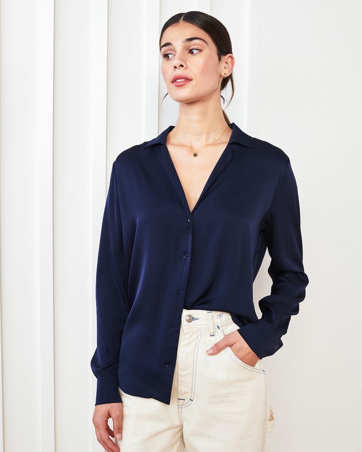 Take your collared look up a notch. We made this notch collar blouse with a relaxed, slim fit with a clean and crisp look for an everyday appeal. Perfectly made to be layered or worn solo. Plus, silk fiber contains 18 kinds of amino acids that make it amazing for skin nourishment, hypo-allergenic, and naturally thermoregulating to help maintain body temperature. Also offered in sizes 1X-3X.  | Quince | Women's 100% Washable Silk Stretch Notch Collar Blouse in Navy,  Size XL Silk Fiber, Fabric Structure, Silk Tank, Notch Collar, Versatile Dresses, Beautiful Blouses, Collar Blouse, Notched Collar, Silk Shirt