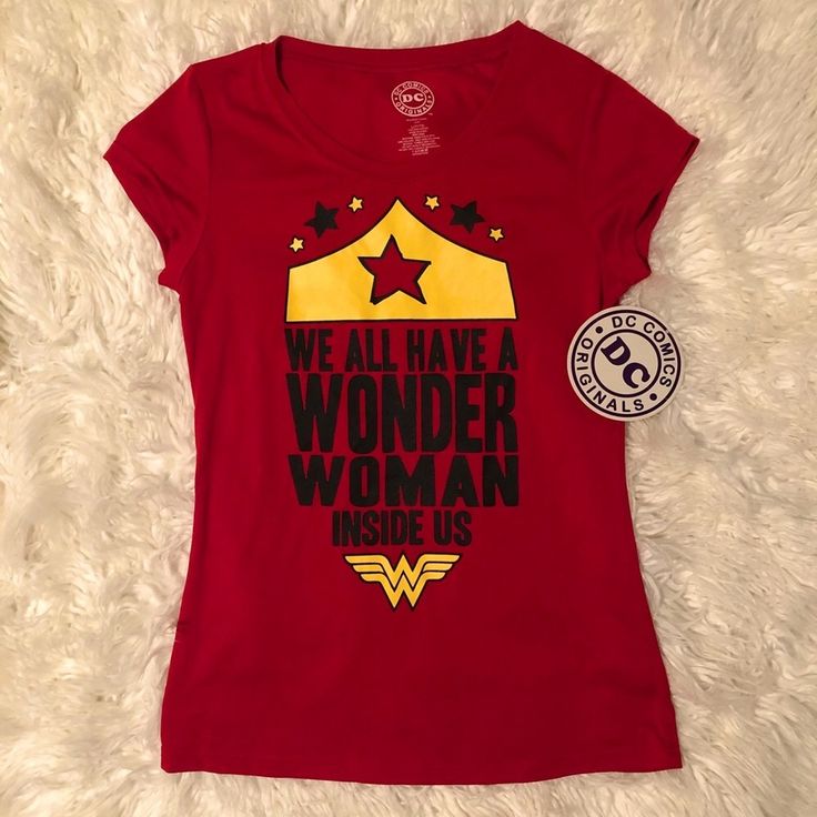 Nwt Wonder Woman Tee. We All Have A Wonder Woman Inside Us Juniors Size L 11/13. Similar To A Women’s M-L Super Soft! Pop Culture Fan Merchandise Tops With Text Print, Pop Culture Tops With Text Print For Fans, Fitted Red Top With Character Print, Fitted Red Tops With Character Print, Pop Culture Tops With Logo Print, Red Superhero T-shirt With Short Sleeves, Superhero Crew Neck Top With Front Print, Superhero Cotton Tops With Letter Print, Fun Red Top With Screen Print