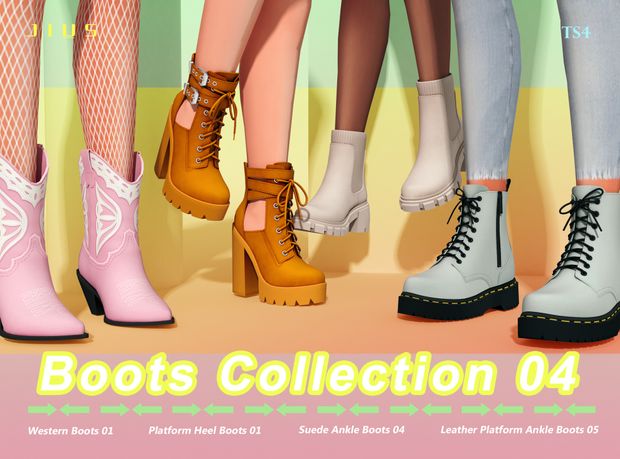 four pairs of boots are shown in front of a multicolored background with the caption boots collection 04