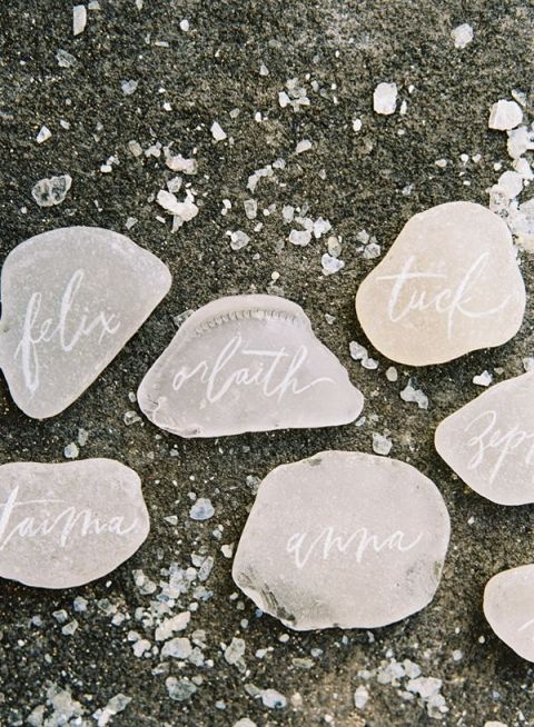 Seaglass Calligraphy Place Cards | Tec Petaja Photography | See More! http://heyweddinglady.com/beach-chic-white-silver-gray-hamptons-wedding-inspiration/ Glass Calligraphy, Table Markers, Hamptons Wedding, Handwritten Calligraphy, White Sea Glass, Ireland Wedding, Seating Cards, Seaside Wedding, Coastal Wedding