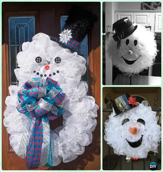 three pictures of snowman wreaths with hats on them and one is wearing a top hat