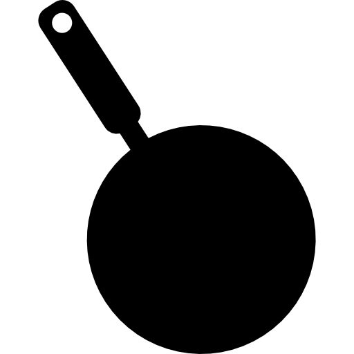 a black and white silhouette of a frying pan with a knife on it's side