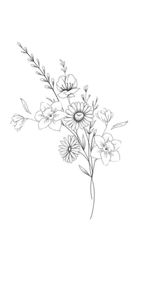 a black and white drawing of flowers on a white background