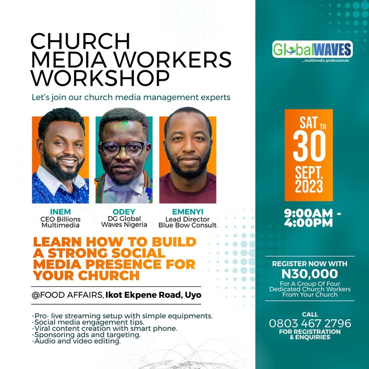 the flyer for church media workers workshop shows three men in front of an orange and blue background