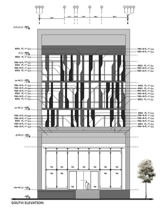 an architectural drawing shows the front and side sections of a building with windows, balconies, and shutters