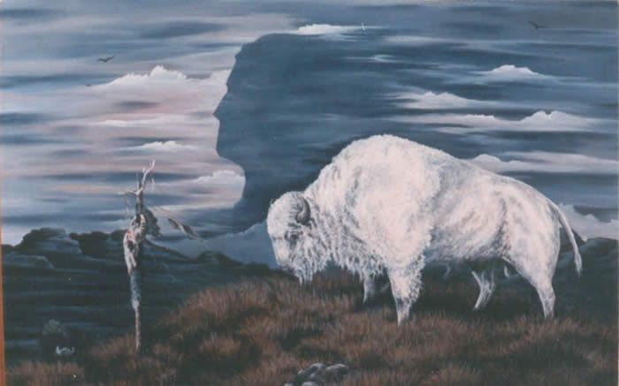 a painting of two white buffalo standing on top of a hill