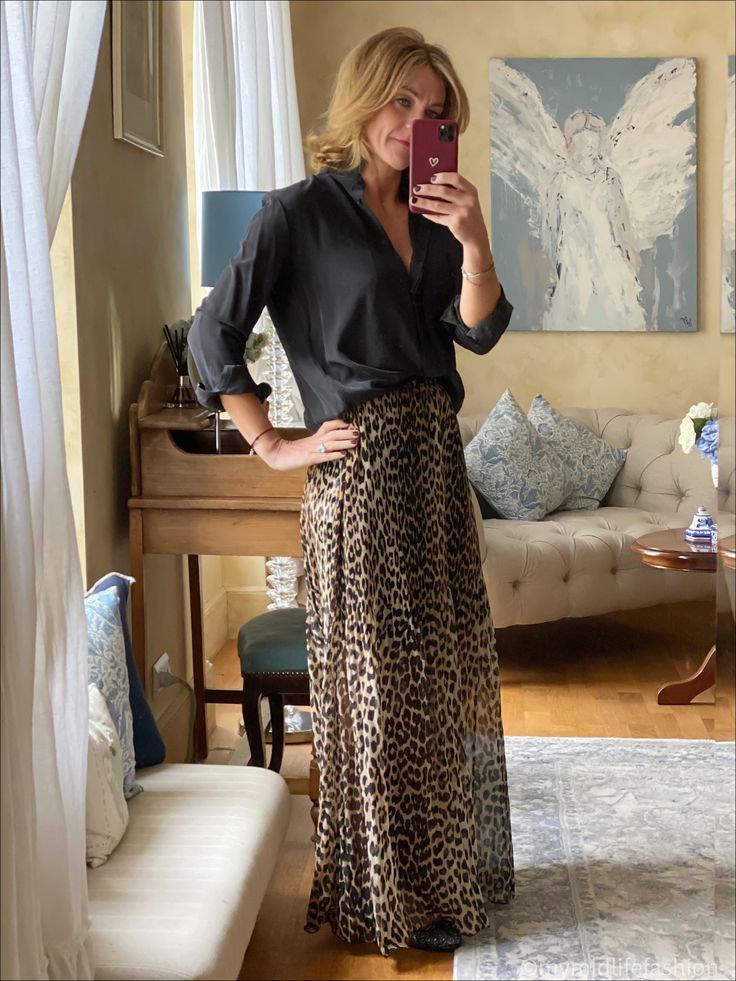 How to wear leopard print with a pleated maxi skirt, silk shirt & ballet pumps . . . #ootd #wiw #lotd #over40 #over40fashion #fashion #midlifestyle #over40style #midlife #whattowear #howtostyle #style #stylingtips #springstyle #looksforspring #springfashion #whattowearinspring #springlooks #springstylingtips #ideasonwhattowearinspring Printed Maxi Skirt Outfit, Maxi Skirt Silk, Winter Maxi Skirt Outfit, Leopard Skirt Outfit, Leopard Print Maxi Skirt, Silk Skirt Outfit, Leopard Maxi Skirts, Animal Print Maxi Skirt, Pleated Skirt Outfit