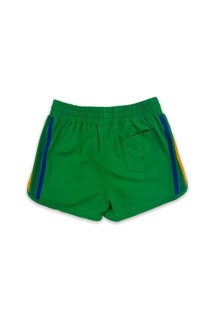 Classic retro Aviator Nation style you'll want to rock in and out of the water. These super breathable board shorts are great for all water activities as well as lounge wear with the perfect amount of stretch. - Made in California- 79% Polyamide, 21% Lycra- Machine wash cold with like colors. Hang or tumble dry on lo Green Swim Trunks With Built-in Shorts For Summer, Playful Swim Trunks For Summer Activities, Playful Short Swim Trunks For Summer Activities, Playful Short Swimwear For Summer Activities, Casual Green Bottoms With Three Stripes, Playful Shorts For Summer Activities, Sporty Bottoms For Summer Activities, Sporty Summer Shorts With Three Stripes, Sporty Striped Shorts For Sports