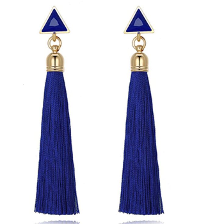 Navy Blue Triangle Tassel Earrings With Gold Accents. They Are 3.74 Inches Long And Are Made Of Alloy And Cotton, Which Make Them Lightweight, Smooth, And Shiny! These Are Brand New And Have Never Been Worn! Adjustable Blue Tassel Earrings For Parties, Blue Tassel Drop Earrings, Blue Latkan Drop Earrings, Blue Drop Earrings With Latkans, Blue Dangle Earrings With Latkans, Elegant Blue Tassel Earrings, Blue Tasseled Jewelry As Gift, Blue Tasseled Jewelry For Gift, Blue Tassel Jewelry As Gift