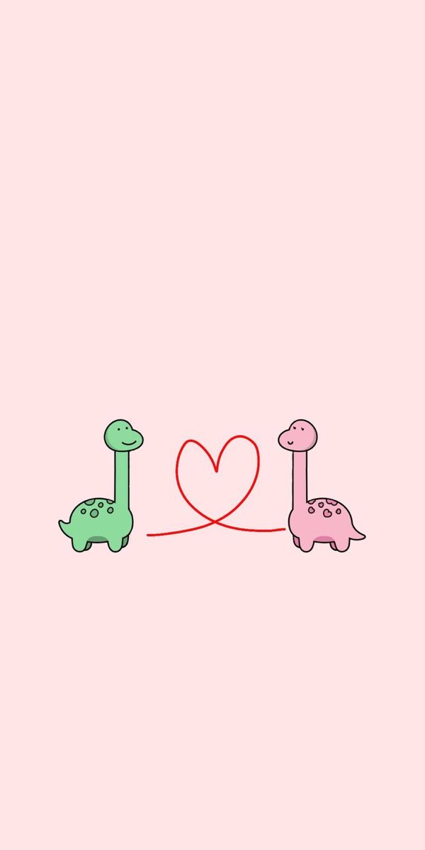 two dinosaurs and a heart on a pink background with the word love written in red