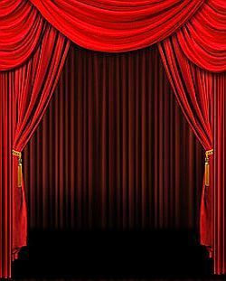 a red curtain with gold trims and curtains in the background are black, but there is no image to describe