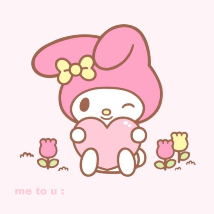 a hello kitty holding a pink heart in front of two little flowers with the words me to u written below it