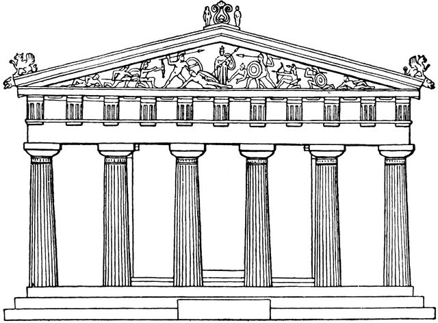 an architectural drawing of the parthenion in ancient greek architecture, vintage line drawing or engraving