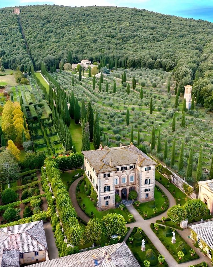 an aerial view of a large house surrounded by trees and greenery in the countryside