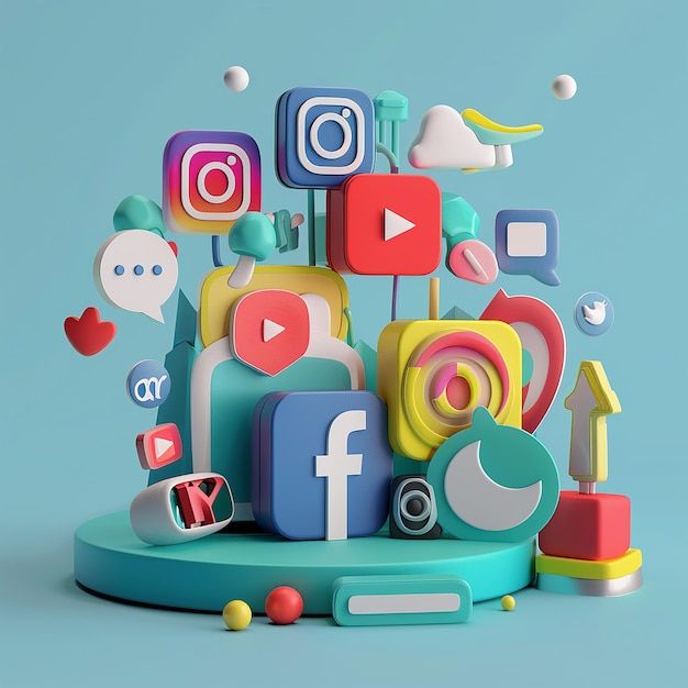 an image of a bunch of social media related items on a blue and green background