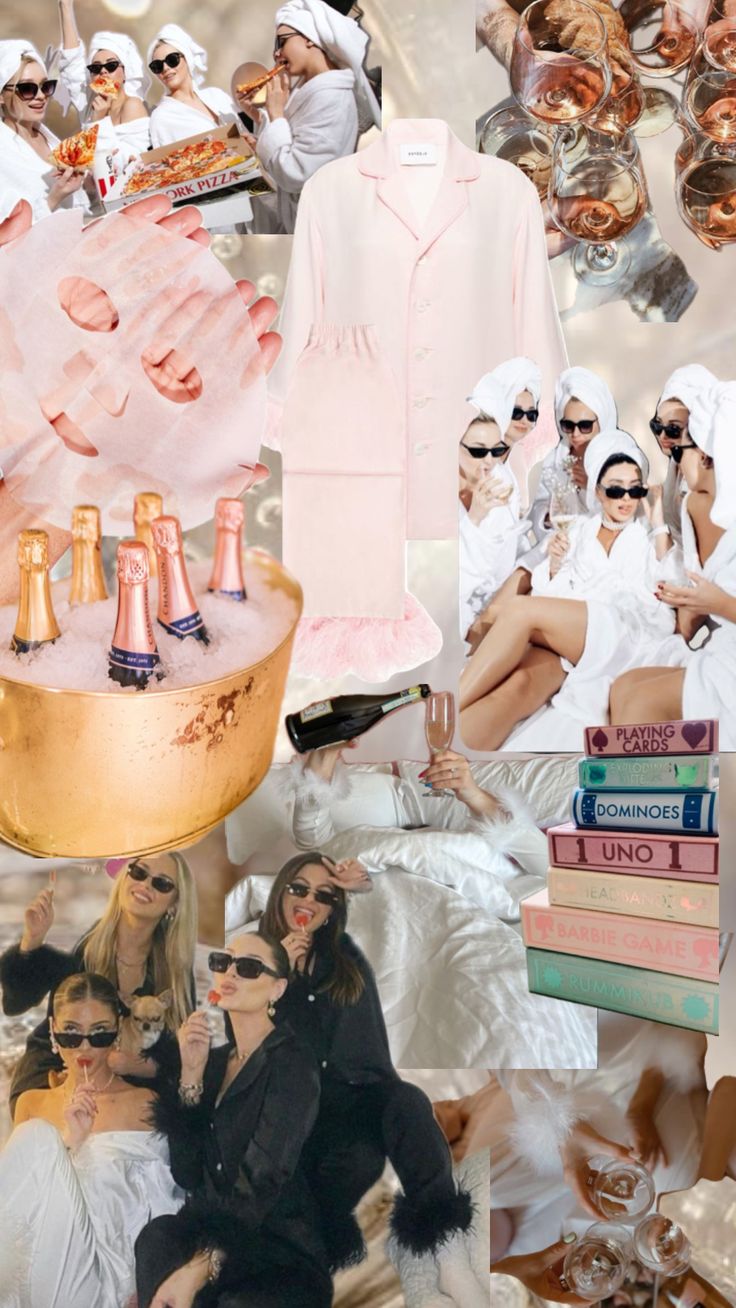 collage of women in white and gold clothing, including champagne bottles, books, hats, and other items