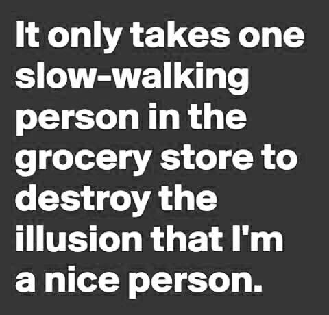 a quote that says it only takes one slow walking person in the grocery store to destroy the illusion that i'm a nice person