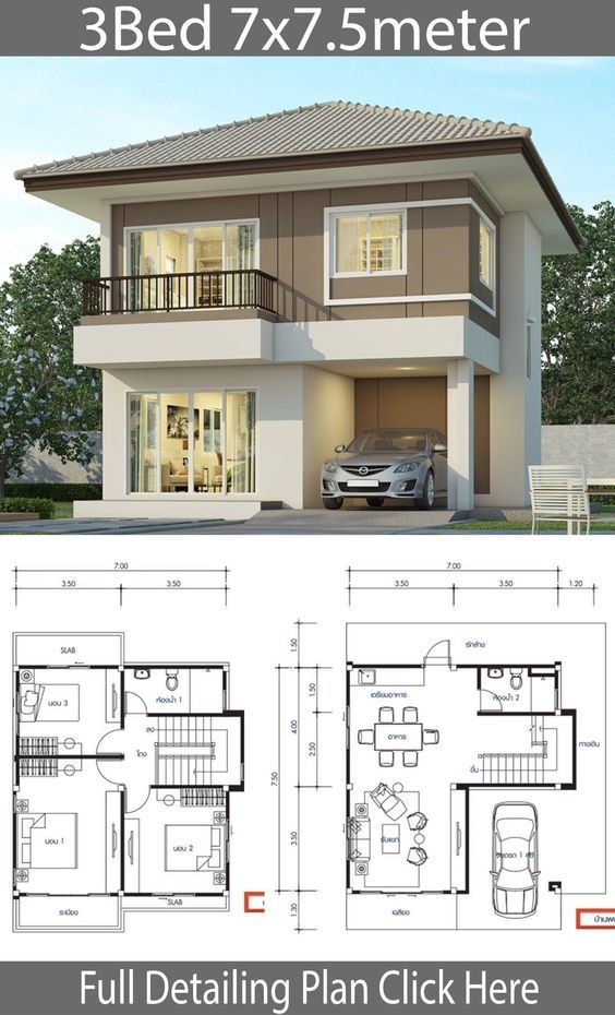 two story house plan with 3 beds and 4 bathrooms