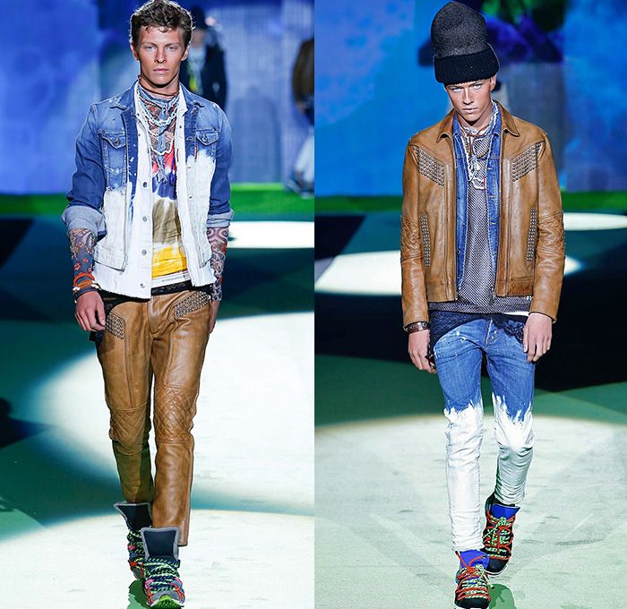 Dsquared2 2016 Spring Summer Mens Runway Catwalk Looks - Milano Moda Uomo Collezione Milan Fashion Week Italy - Denim Jeans Surf Metallic Studs Cloak Poncho Tribal Ethnic Native American Coat Vest Runners Trainers Tank Top Neoprene Boots Leaves Foliage Baggy Loose Skinny Palm Trees Tattoo Sweater Mesh Wetsuit Bag Backpack Necklace Tie-Dye Watercolor Blots Moto Biker Leather Ombre Dip Dyed Acid Wash Cargo Pockets Palm Trees Tattoo, Tattoo Sweater, Surf Tattoos, Trees Tattoo, Necklace Tie, Mens Runway, Denim Jeans Fashion, Fashion Inspiration Board, Personal Style Inspiration