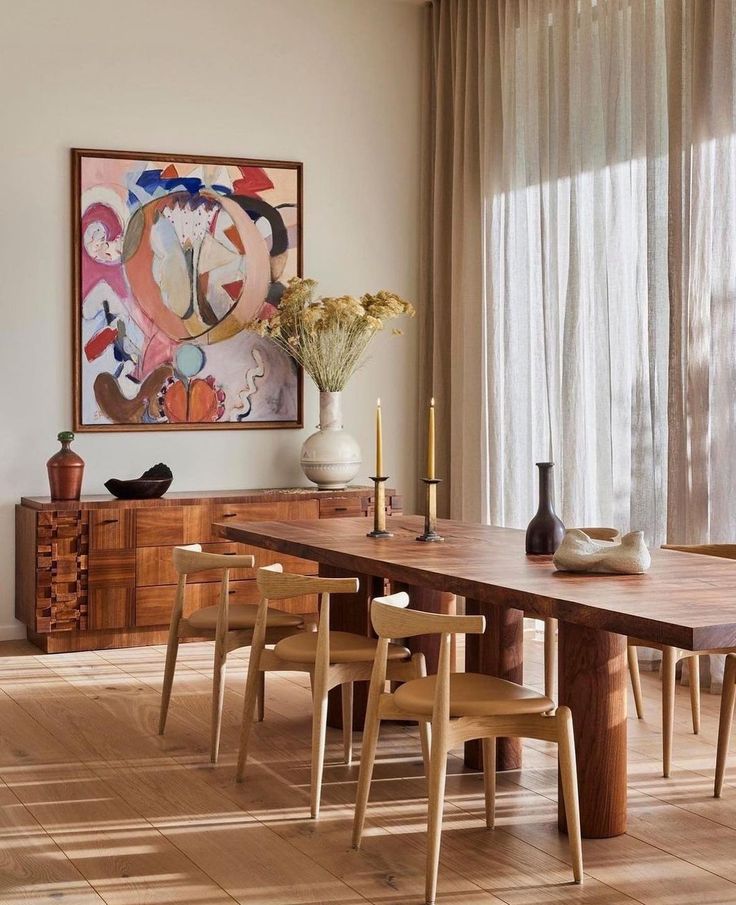 a dining room table and chairs in front of a painting