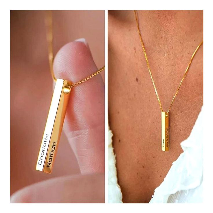 18K Yellow Gold 3D Vertical Name Bar Necklace * Personalized Necklace * Customize Engraved Necklace * Gift for Her * Necklaces for Women ★ This 18K Gold fused over highest quality of 925 Sterling Silver 3D Engraved Bar Necklace features a solid 40 x 5 mm engravable bar that can be personalized and engrave to your liking (up to 20 characters max), giving you the options to personalize your pendant with message, name and/or date. You can have one, two or all four sides engraved. This solid Bar is designed with smooth curved edges set on a beautiful stylish Box Chain with Spring Lobster Claw Clasp. We do all engraving here in house! Perfect gift idea for any occasion! ★ MATERIALS & DETAILS ★ * Gold fused is an actual layer of pure Gold that is heat fused to one or both sides of the base metal Gold Bar Necklace Engraved, Jewelry Text, Gold Bar Necklace Personalized, Custom Engraved Bracelet, Engraved Bar Necklace, Personalized Engraved Gifts, Vertical Bar Necklace, Bar Necklace Personalized, Vertical Bar