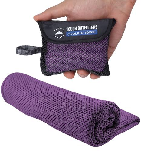 a hand holding a purple yoga mat next to a black and white pouch with the words tough outfitters cooling towel on it