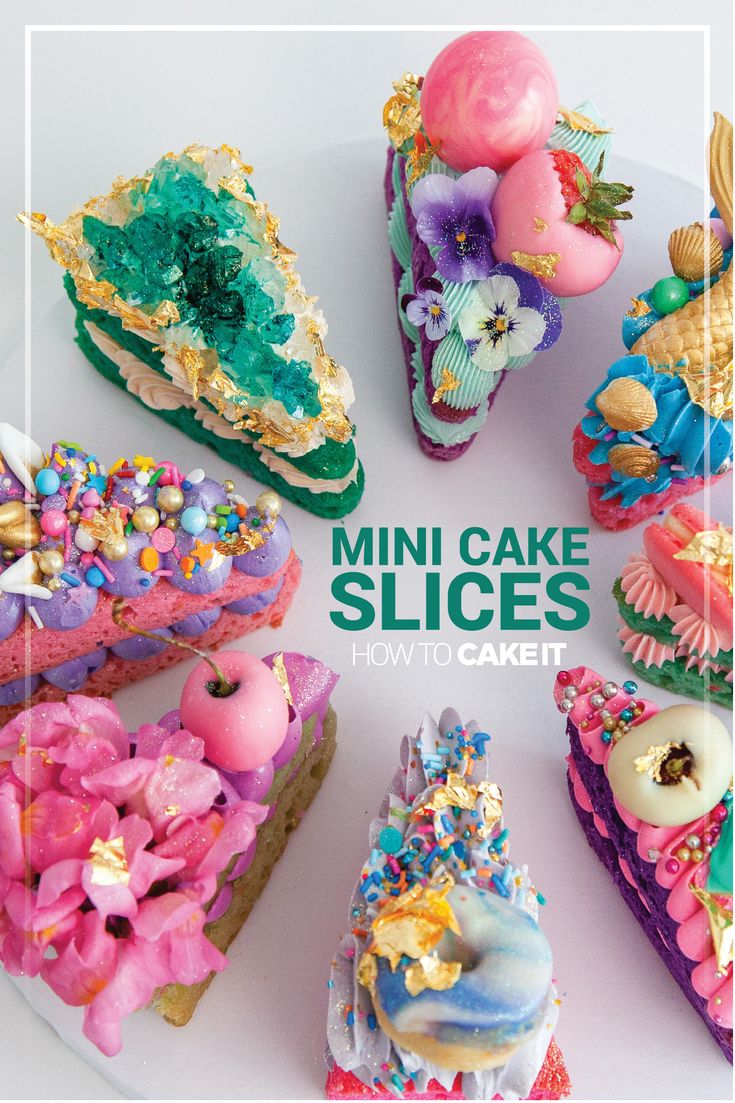 there are many colorful cakes on the plate with words overlay that says mini cake slices how to make