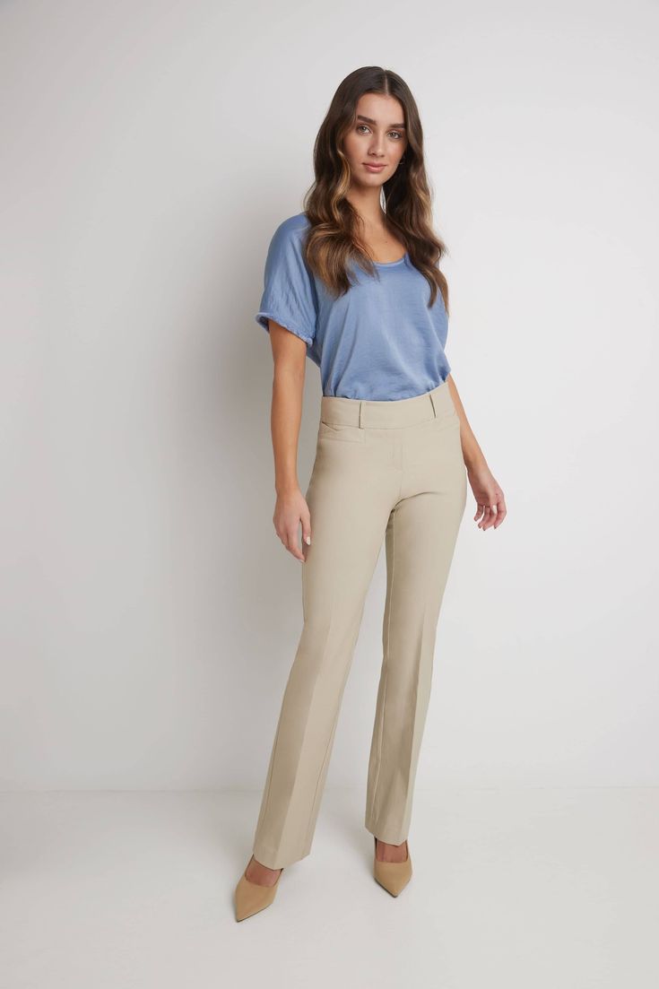 You want to be known for your work but, at the same time, also make a statement with your signature look. These barely bootcut pants let you strike the right balance between flamboyant and subtle. The modern, slightly narrower leg of these pants preserve everything good about the classic bootcut design, while the soft waistband supports and has a slimming effect on your figure. Pair them up with formal or casual tops to easily get the perfect look for any occasion. Faux front and back pockets wi Trousers Women Outfit, Dress Slacks For Women, Classy Bohemian, Office Fits, Flamboyant Natural, Everything Good, To Be Known, Teacher Clothes, Khaki Dress Pants