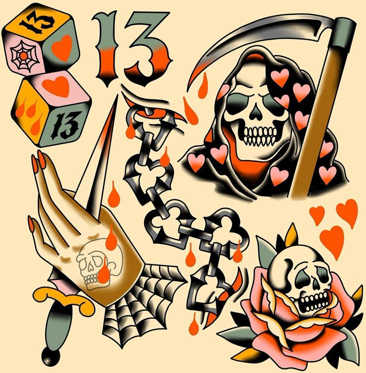 an image of some tattoos with skulls and roses on the side, including dices