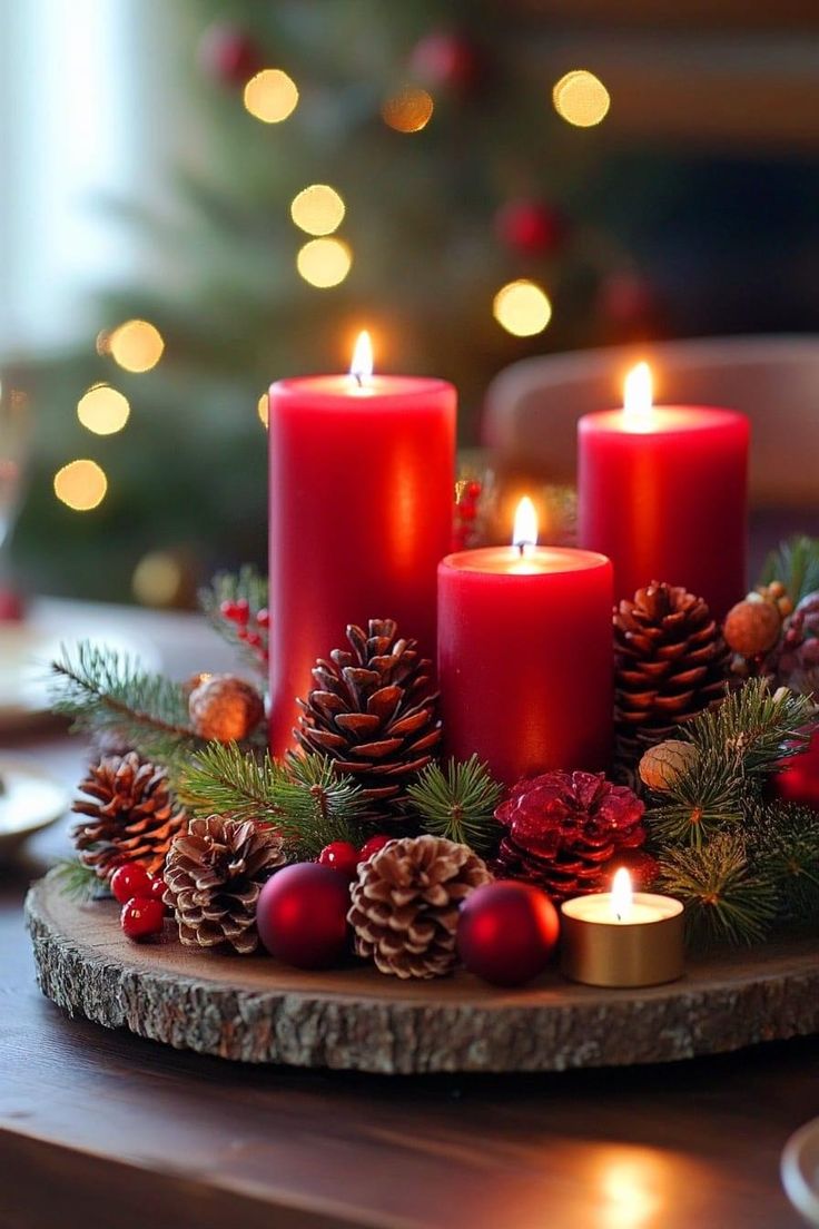 three red candles are sitting on a wooden plate with pine cones and berries around it