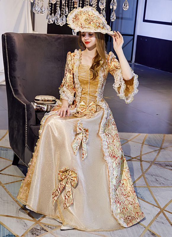 Elegant Gold Printed Royal Palace Marie Antoinette Ball Gown Civil War Medieval Renaissance Dress Reenactment Costumes     Condition: Brand New   Color:  As Picture   Material: Satins And Lace   Silhouette: Ball Gown   Sleeve Length: Full Sleeve   Dresses Length:Floor-Length   Neckline: Square-Collar   Decoration: Lace   Style: Vintage     Includes: Dress Vintage Victorian Dress For Wedding And Halloween, Regency Style Medieval Dress For Costume Party, Regency Style Victorian Costume Dress For Medieval Festivals, Regency Style Victorian Dress For Medieval Festivals, Victorian Floor-length Costume Dress, Vintage Long Sleeve Medieval Dress For Costume Party, Victorian Dress Costume For Medieval Festivals, Victorian Dress With Historical Design For Costume Party, Vintage Medieval Dress For Halloween