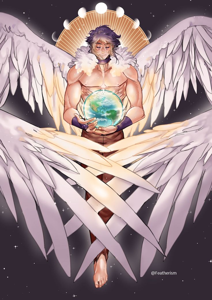 an angel holding a globe in his hands with wings on it's chest and the earth