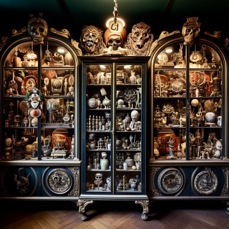 an ornate display case filled with lots of different types of skulls and other things in it