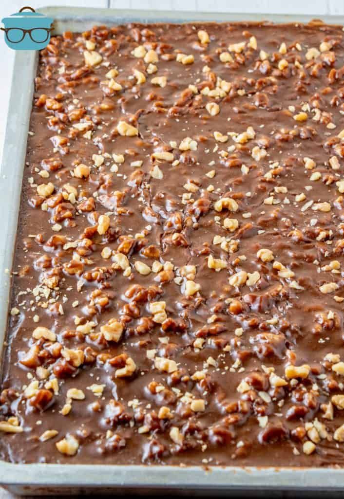 a pan filled with chocolate and nuts on top of a table