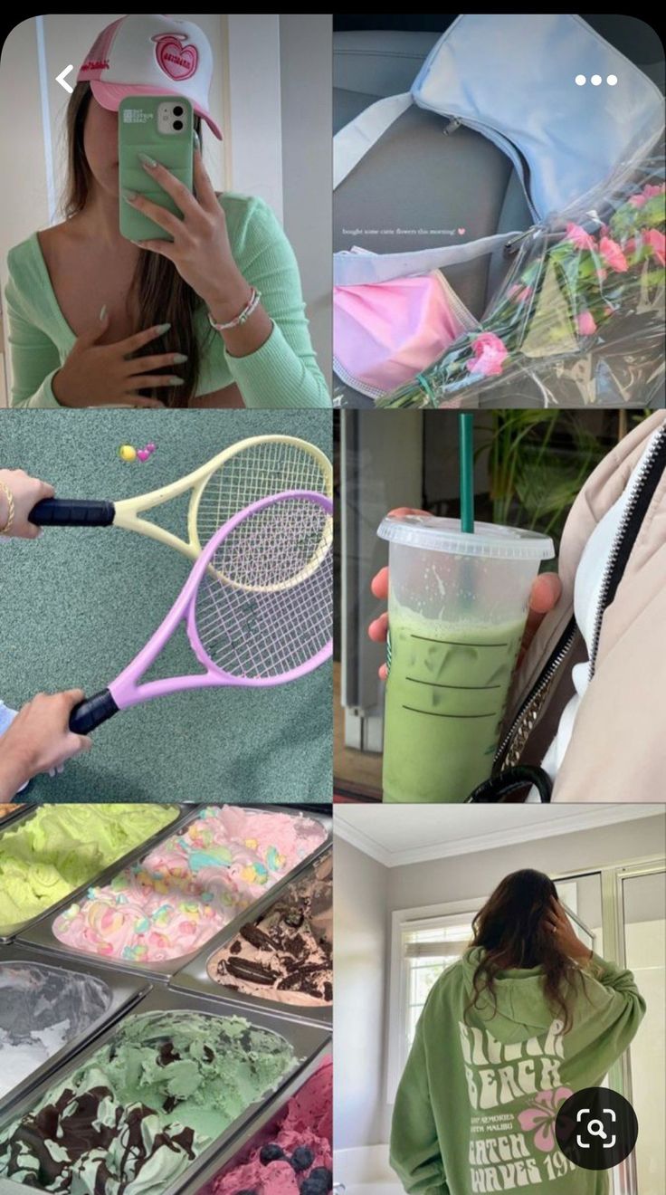 a collage of photos with different people holding tennis rackets and other things in front of them