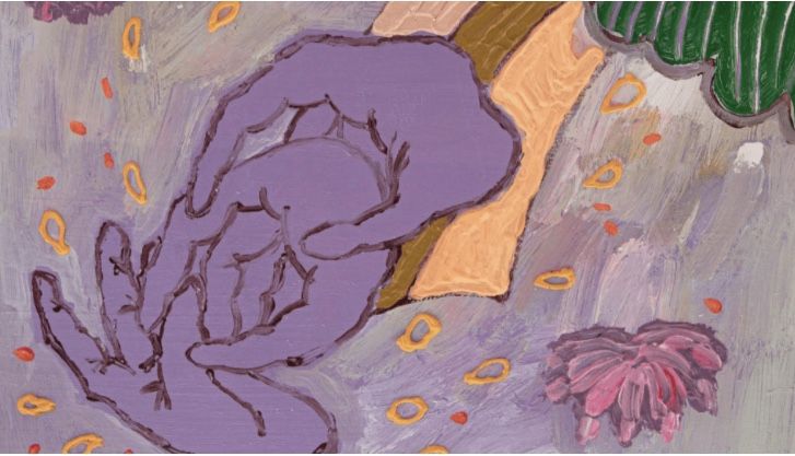 an abstract painting with flowers and leaves on the bottom right hand corner, in purple tones