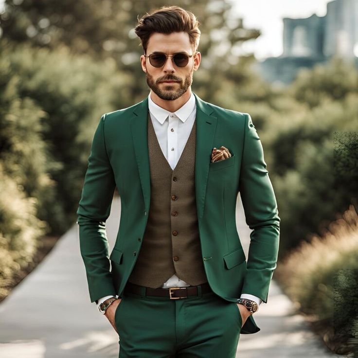 Brown Suit Wedding, Trending Suits, Brown Vest Men, Green Suit Jacket, Green Wedding Suit, Suits Groom, Wedding Jacket, Stylish Suit, Brown Vest