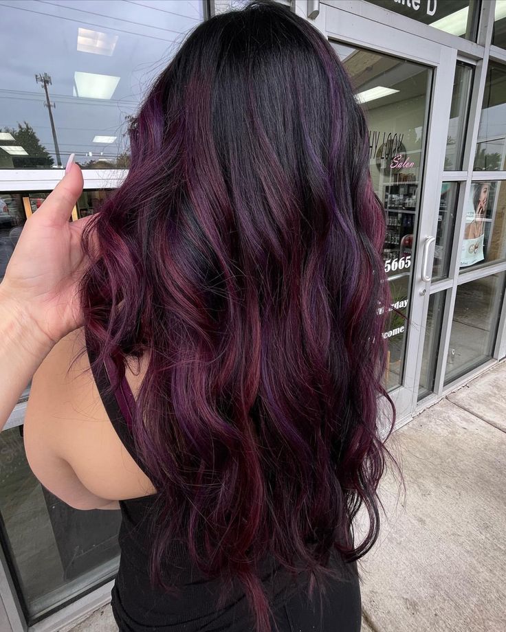 Dark Purple Hair With Red Highlights, Black Hair Plum Highlights, Magenta Hair Peekaboo, Burgundy Hair Tips, Dark Purple Hair Highlights, Red Violet Hair Color With Highlights, Dark Hair With Purple Highlights, Burgundy Purple Hair, Mulberry Hair Color