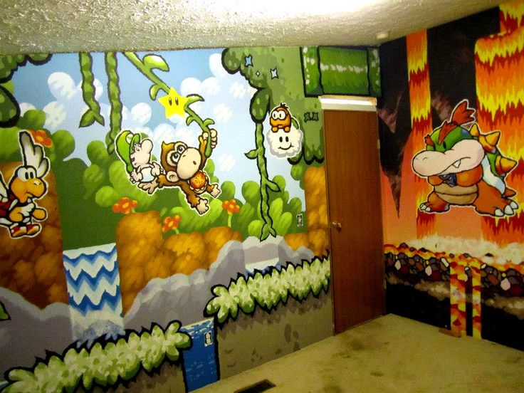 this is a room that has been painted with mario and donkey kong characters on it